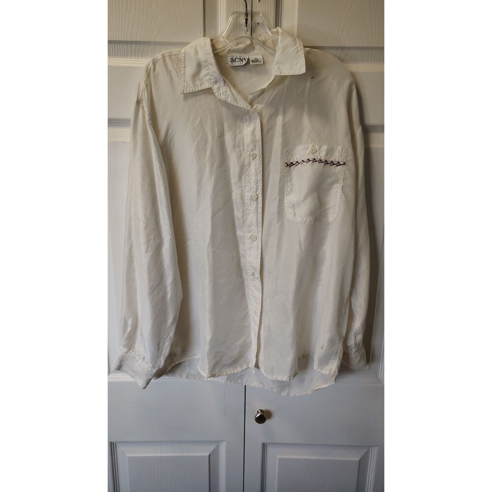 VTG SCNY Vintage 100% Silk Cream Long Sleeve Button Up Shirt - Size Large